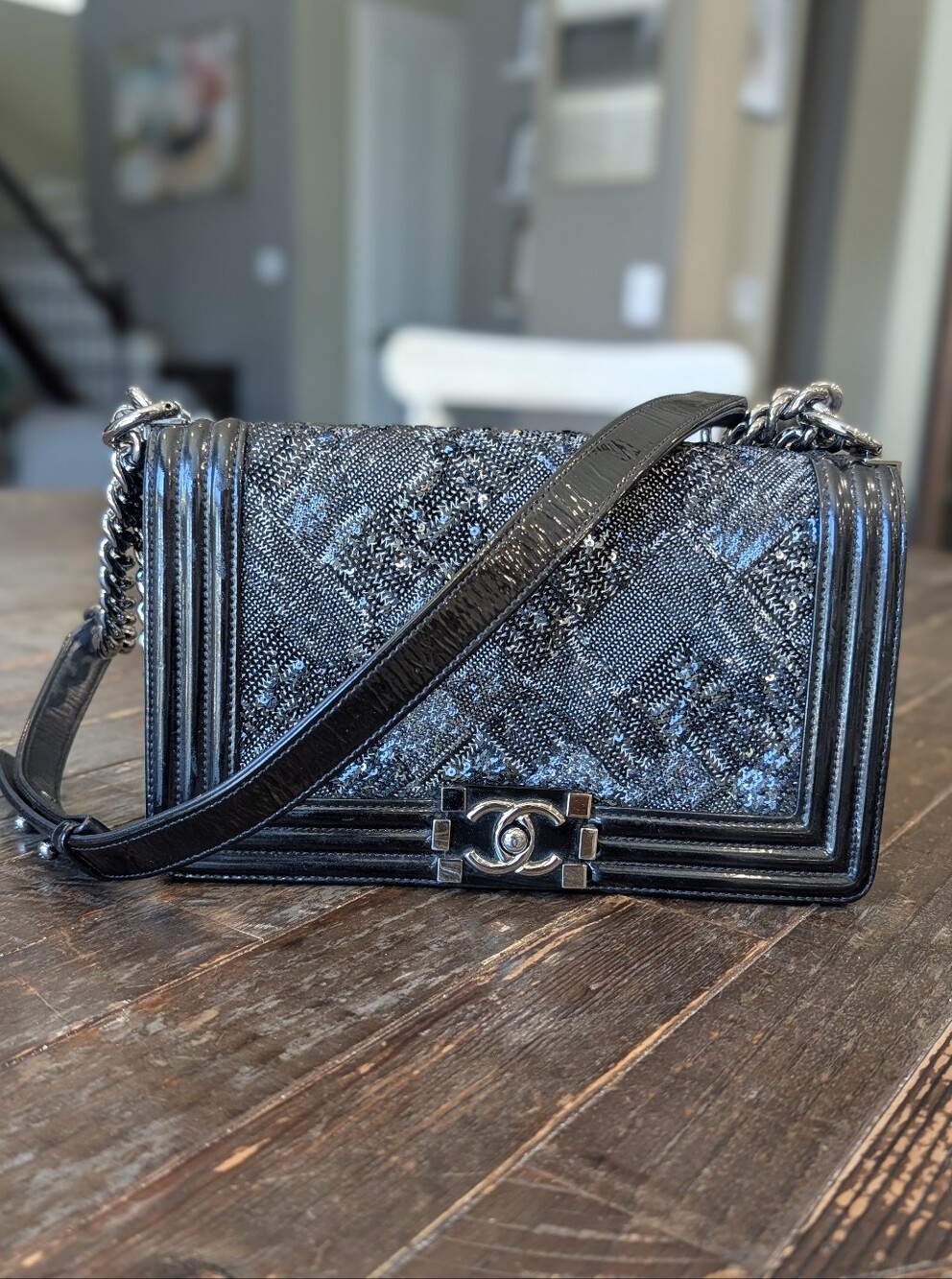 Chanel Boy Sequin Patent Leather Old Medium Flap Bag